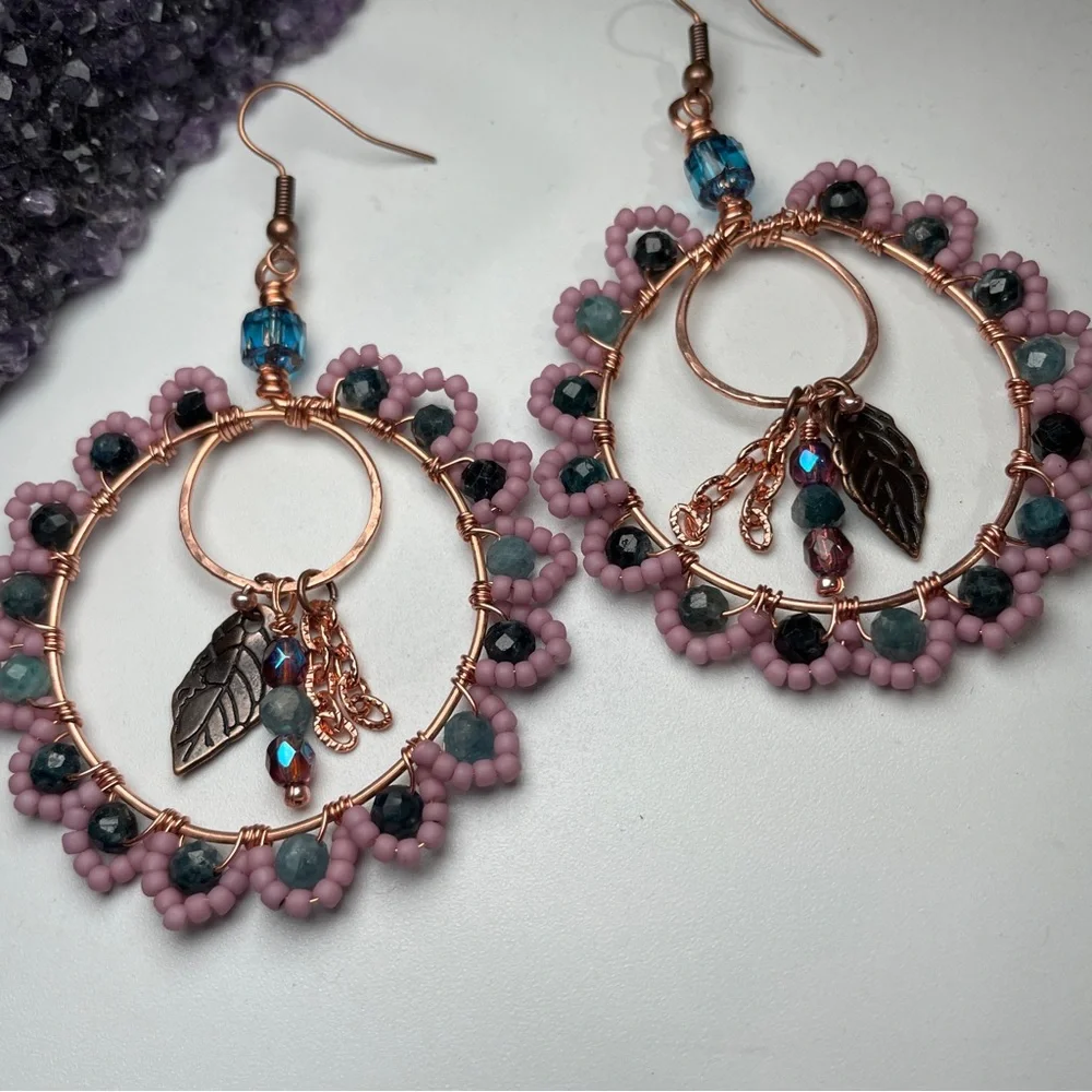 Midnight Garden Tourmaline Hoops Copper Artisan Earrings